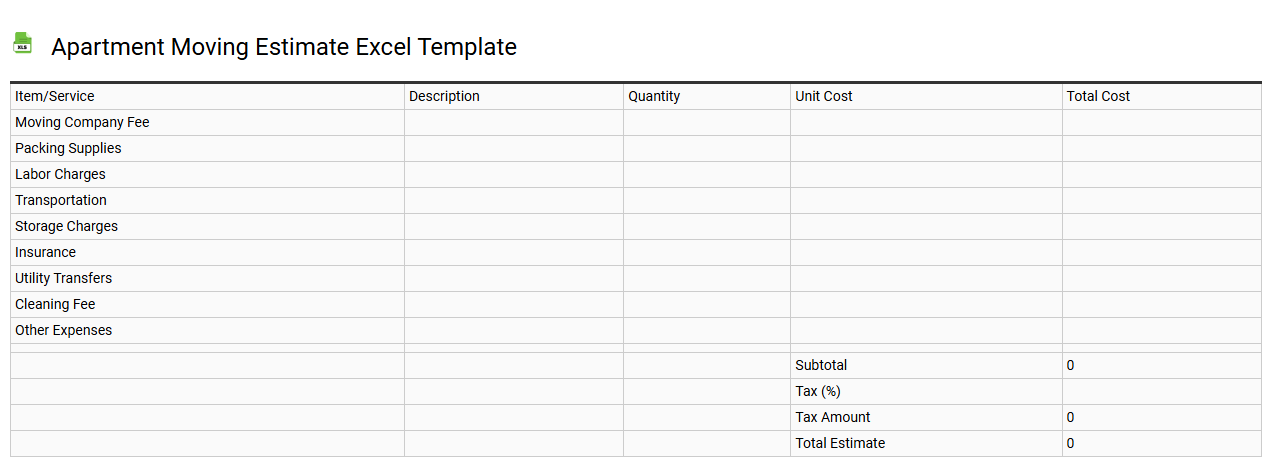 Apartment moving estimate Excel template