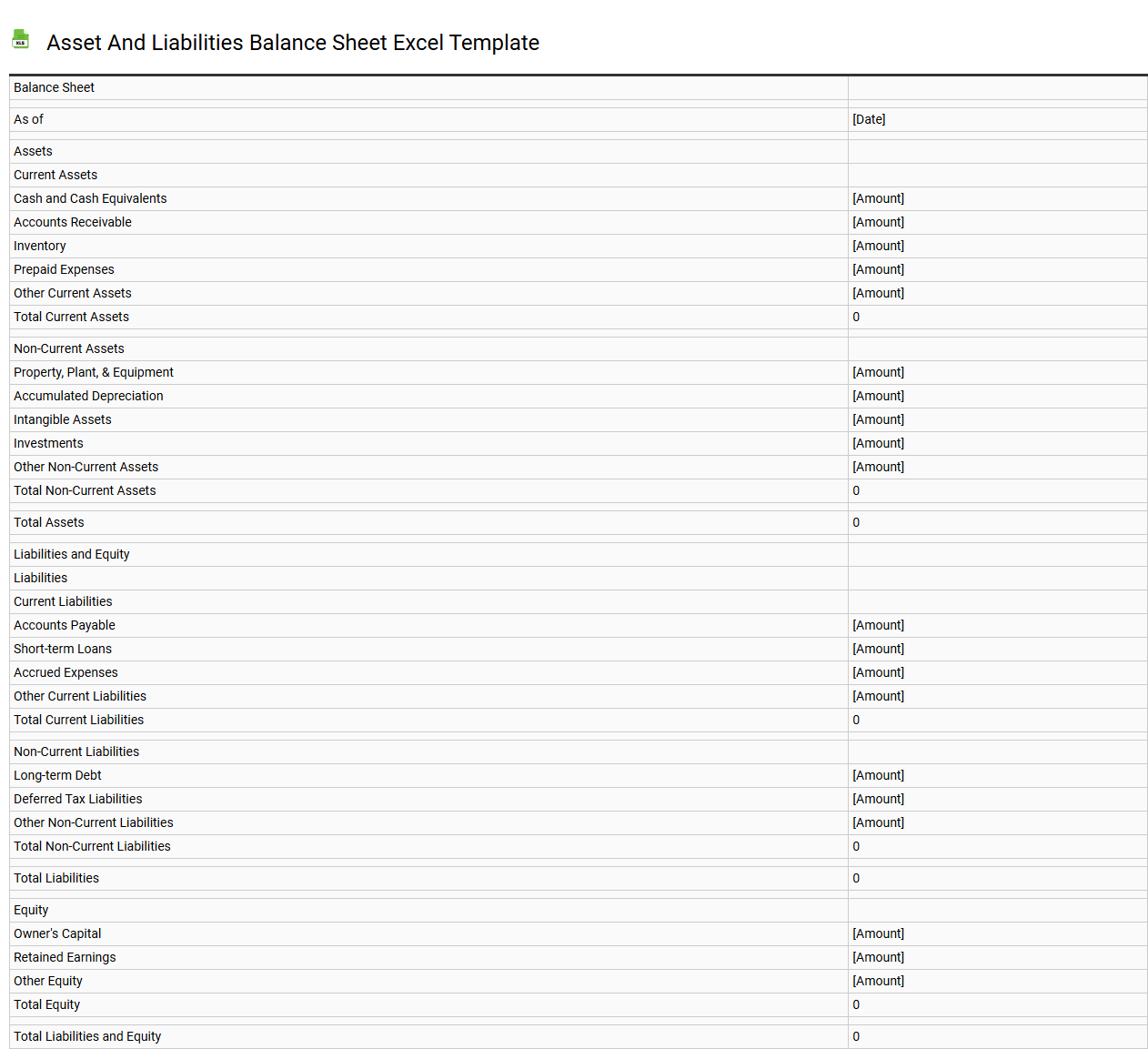 Asset and liabilities balance sheet Excel template