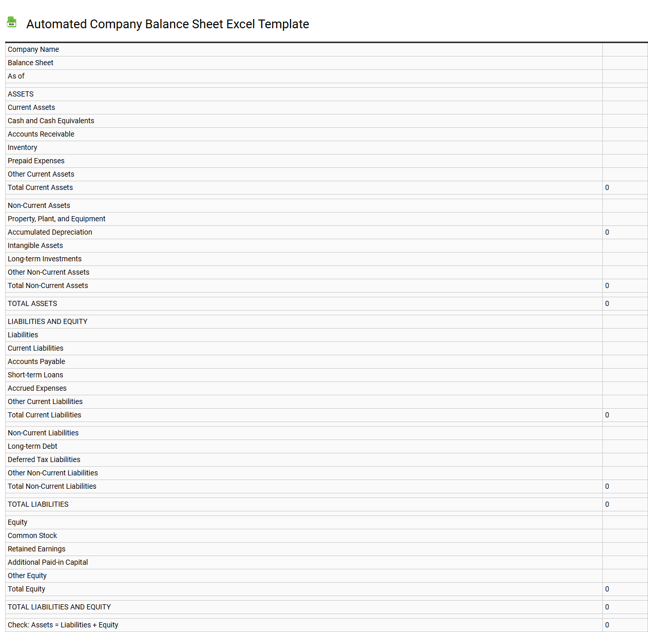Automated company balance sheet Excel template