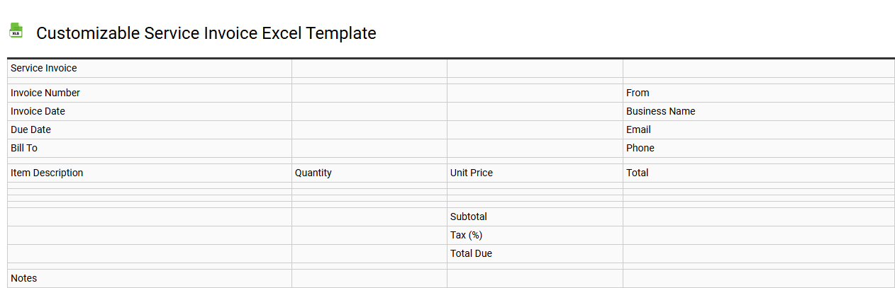 Customizable service invoice Excel template