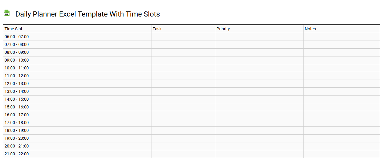 Daily planner Excel template with time slots