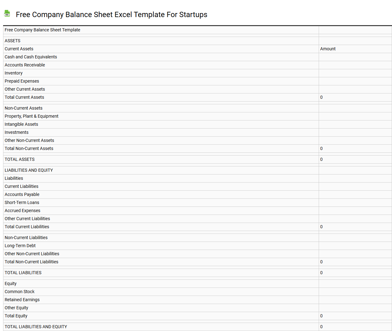 Free company balance sheet Excel template for startups