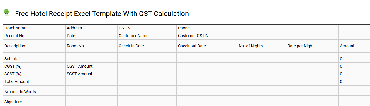 Free hotel receipt Excel template with GST calculation