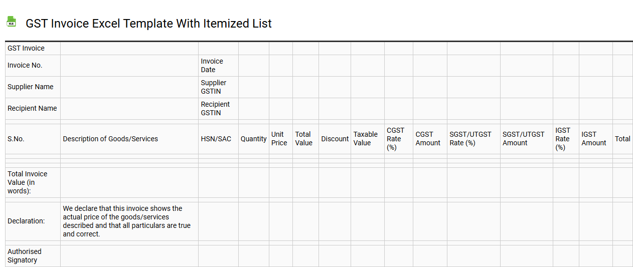 GST invoice Excel template with itemized list