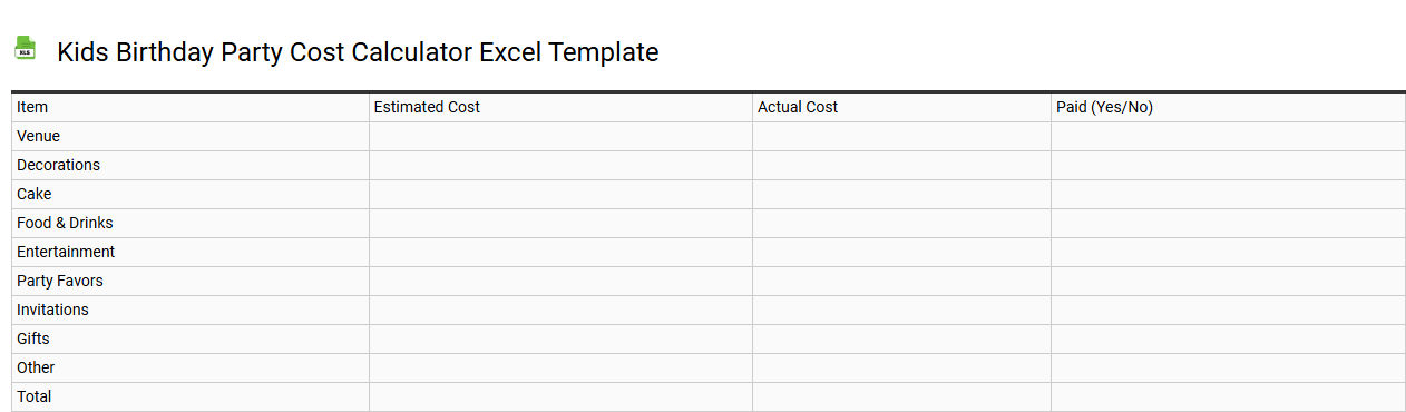 Kids birthday party cost calculator Excel template