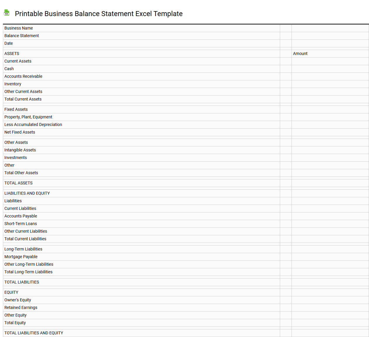 Printable business balance statement Excel template
