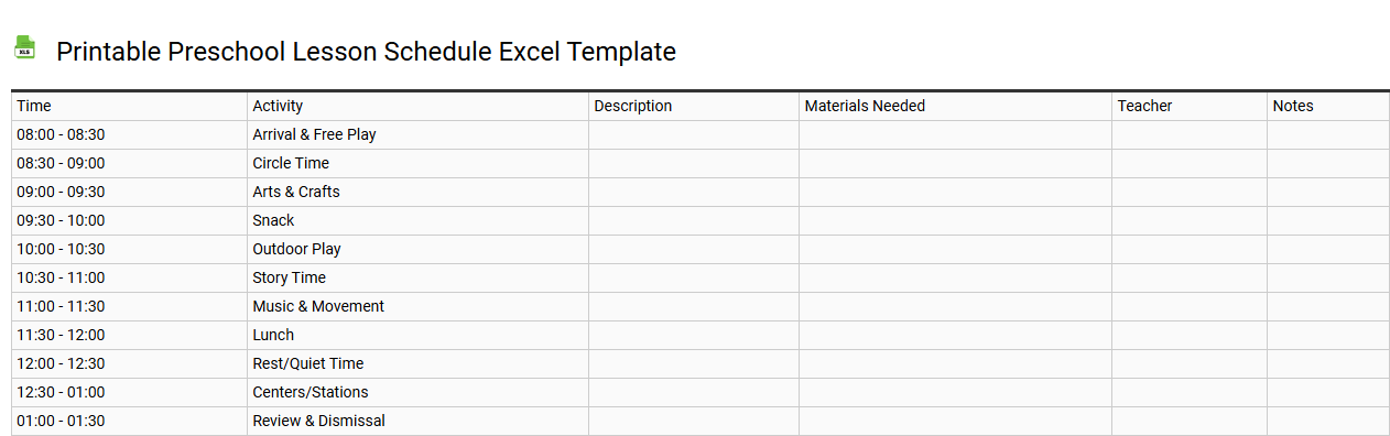 Printable preschool lesson schedule Excel template