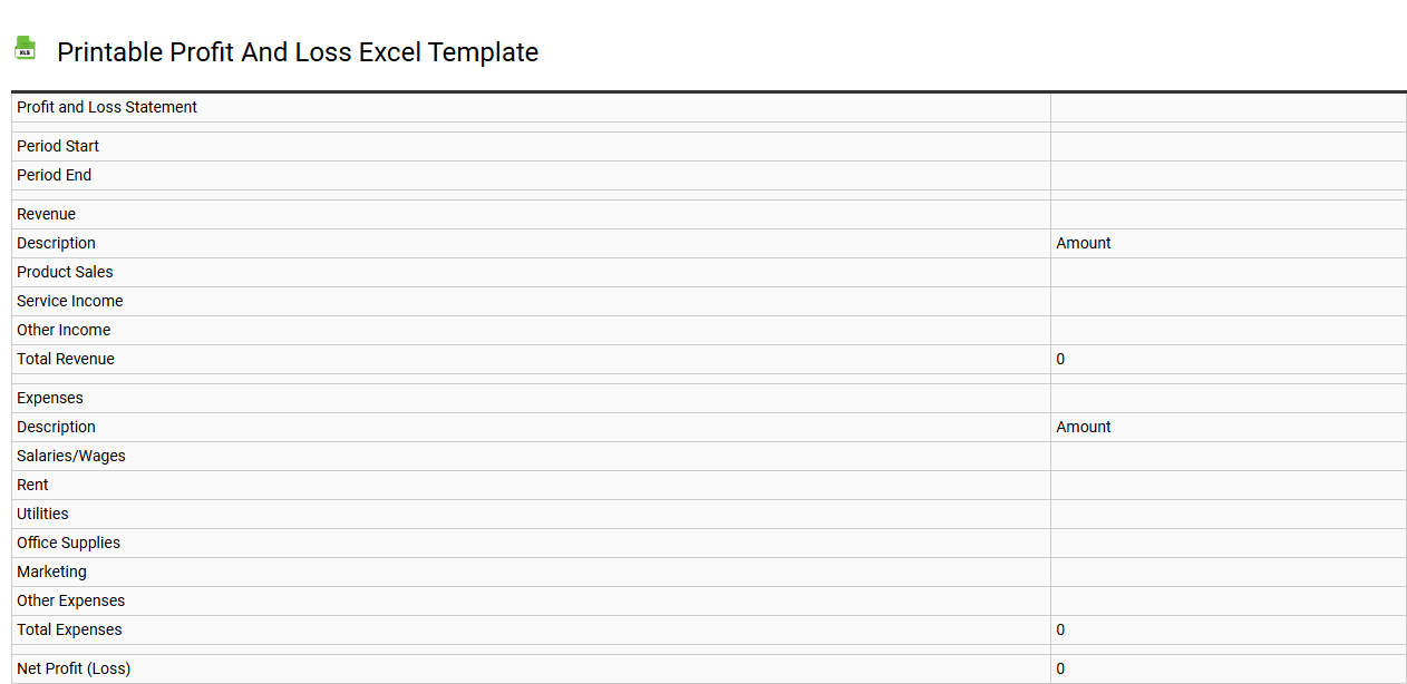 Printable profit and loss Excel template