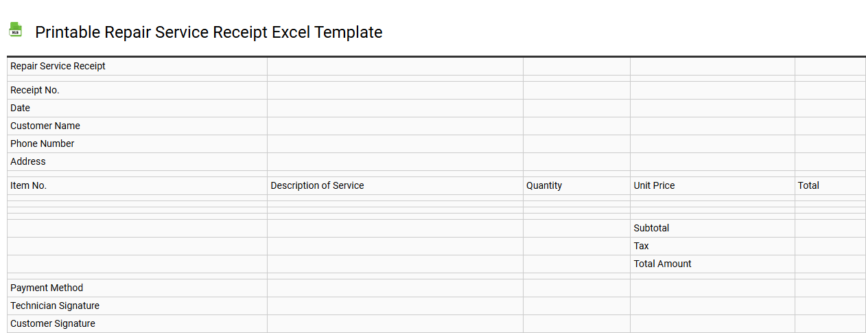 Printable repair service receipt Excel template