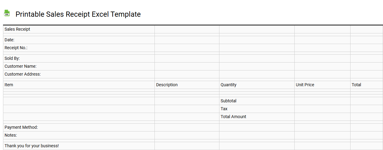 Printable sales receipt Excel template