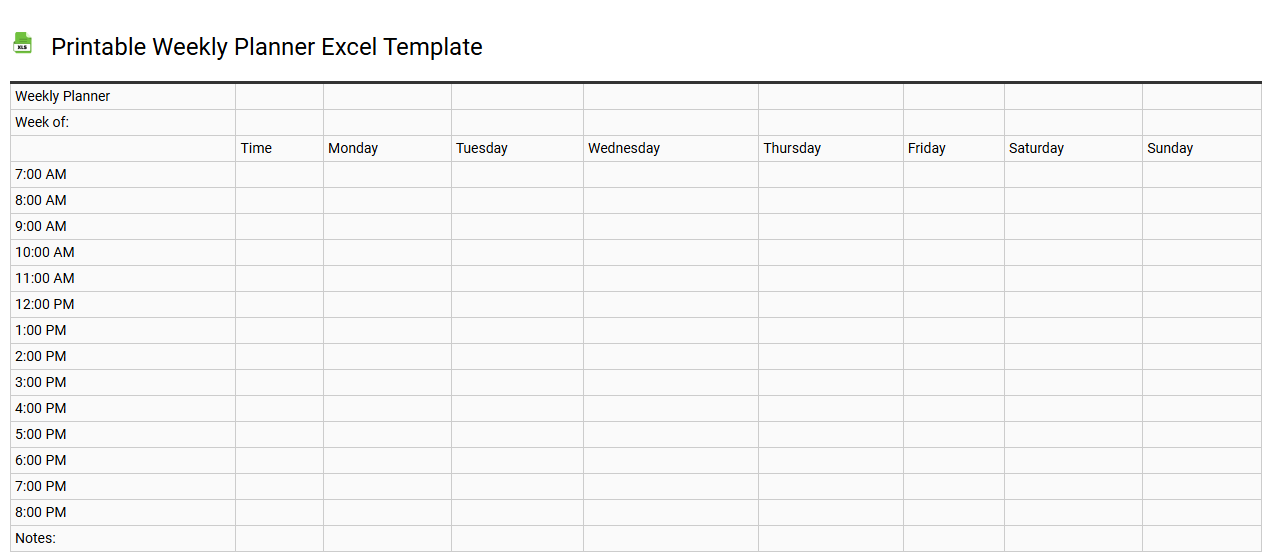 Printable weekly planner Excel template