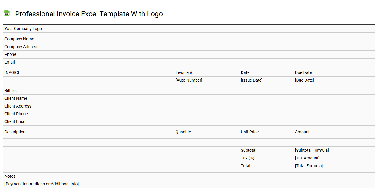 Professional invoice Excel template with logo