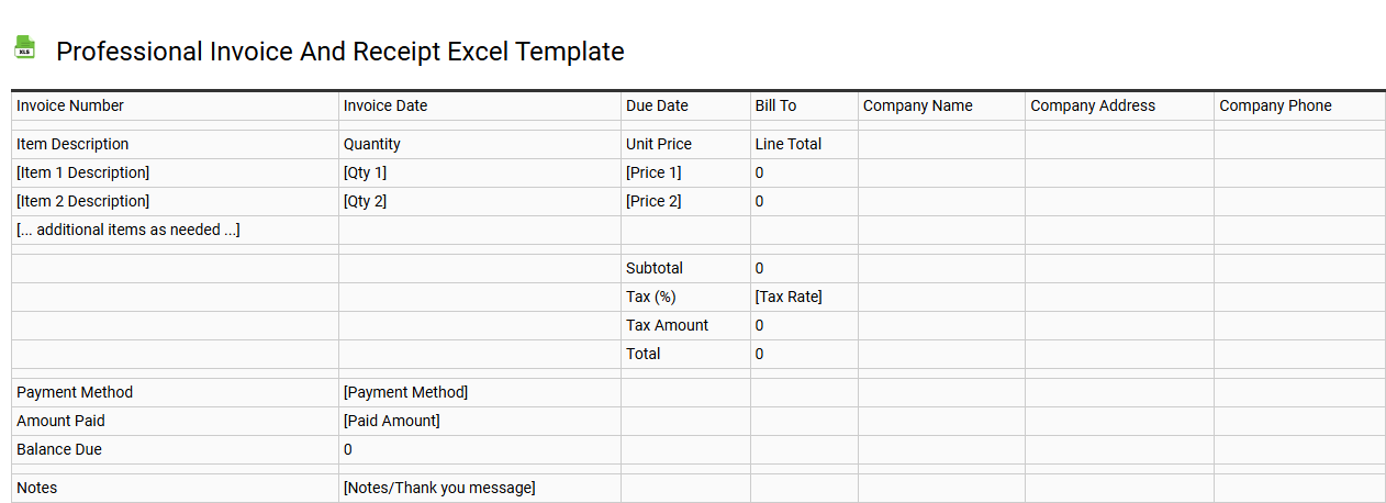 Professional invoice and receipt Excel template
