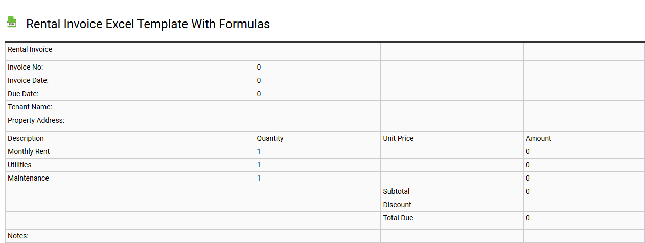 Rental invoice Excel template with formulas