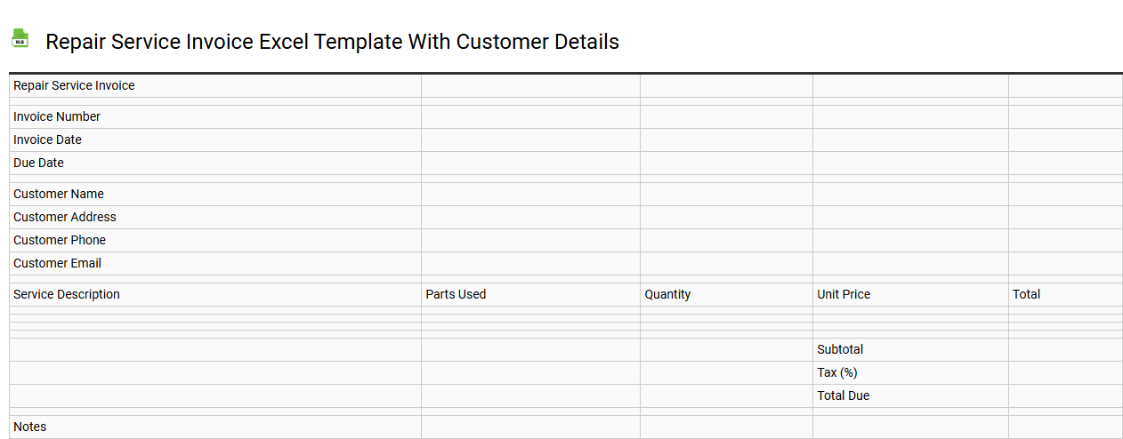 Repair service invoice Excel template with customer details