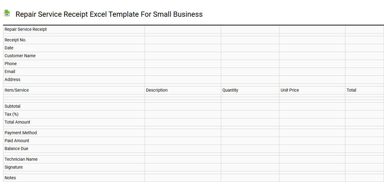 Repair service receipt Excel template for small business