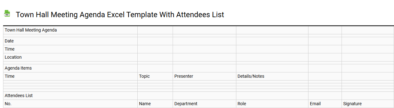 Town hall meeting agenda Excel template with attendees list