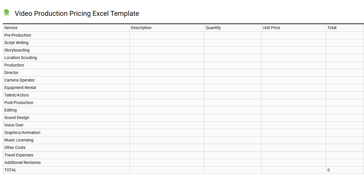 Video production pricing Excel template