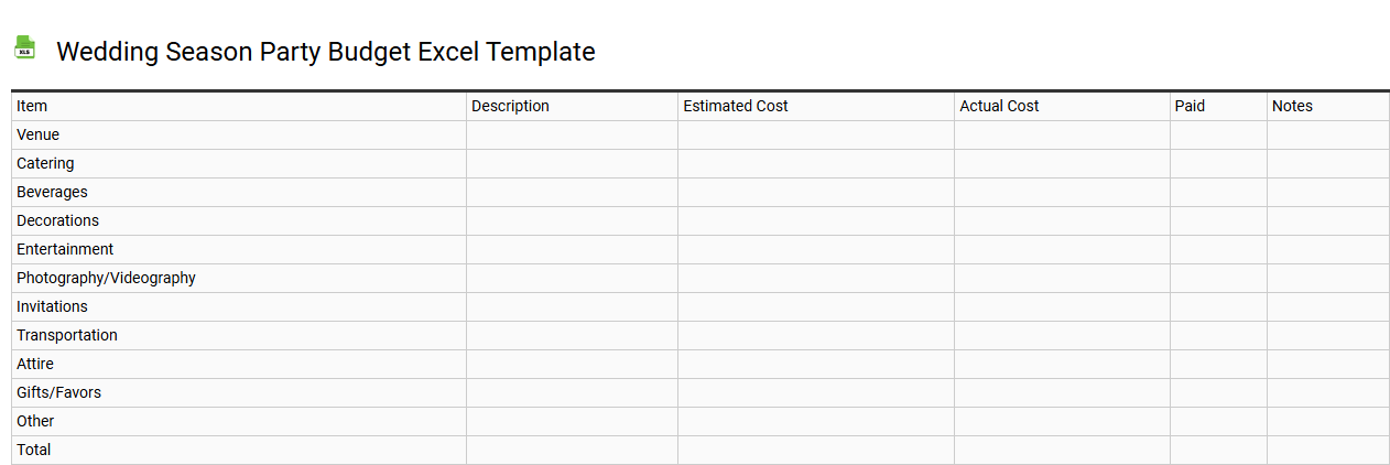 Wedding season party budget Excel template
