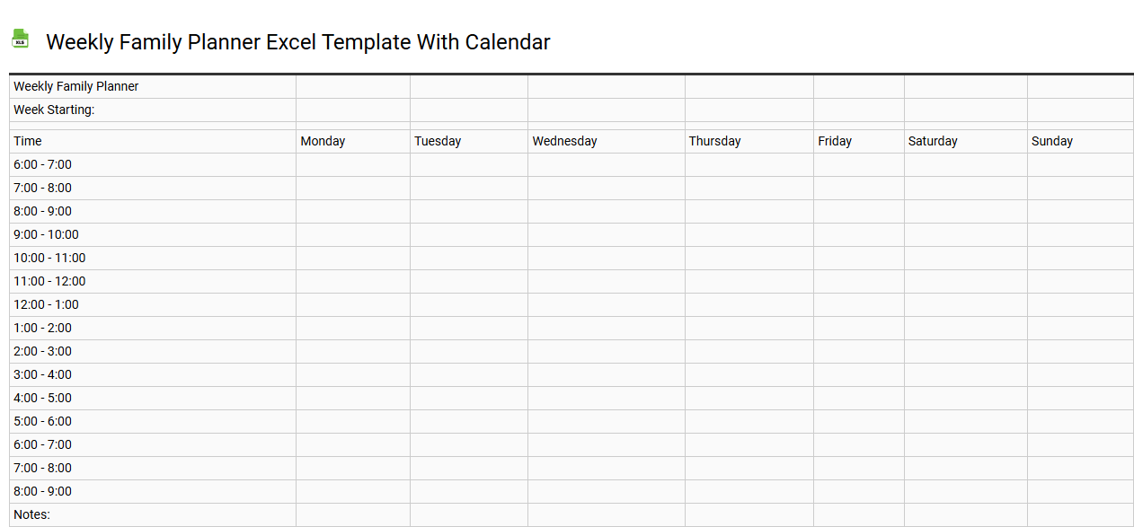 Weekly family planner Excel template with calendar