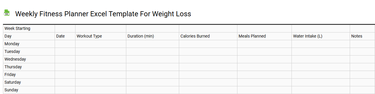 Weekly fitness planner Excel template for weight loss