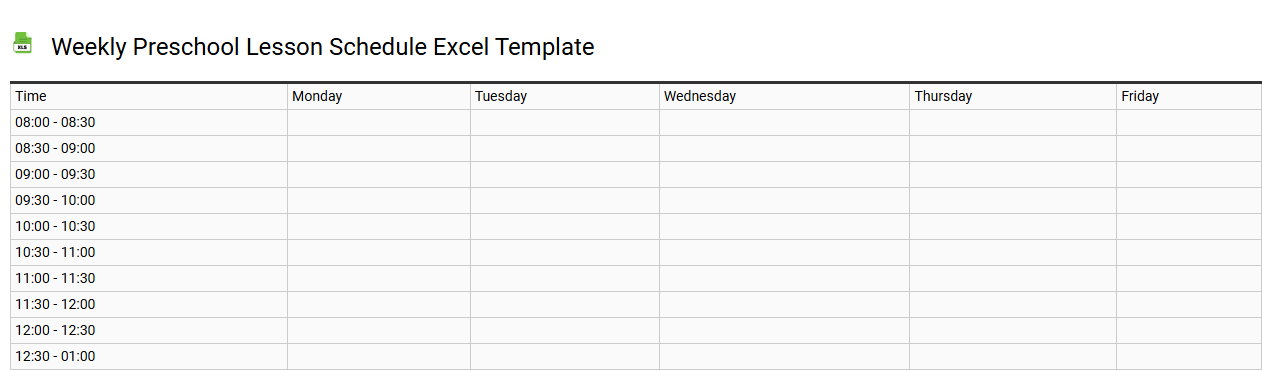 Weekly preschool lesson schedule Excel template