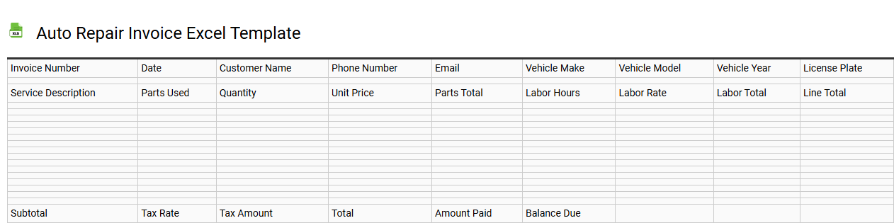 Auto repair invoice Excel template