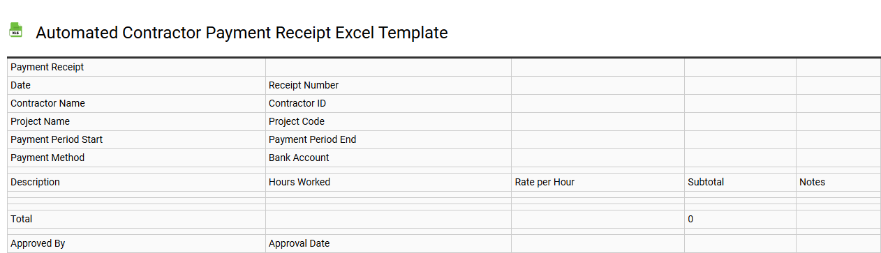 Automated contractor payment receipt Excel template