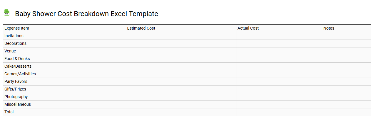 Baby shower cost breakdown Excel template