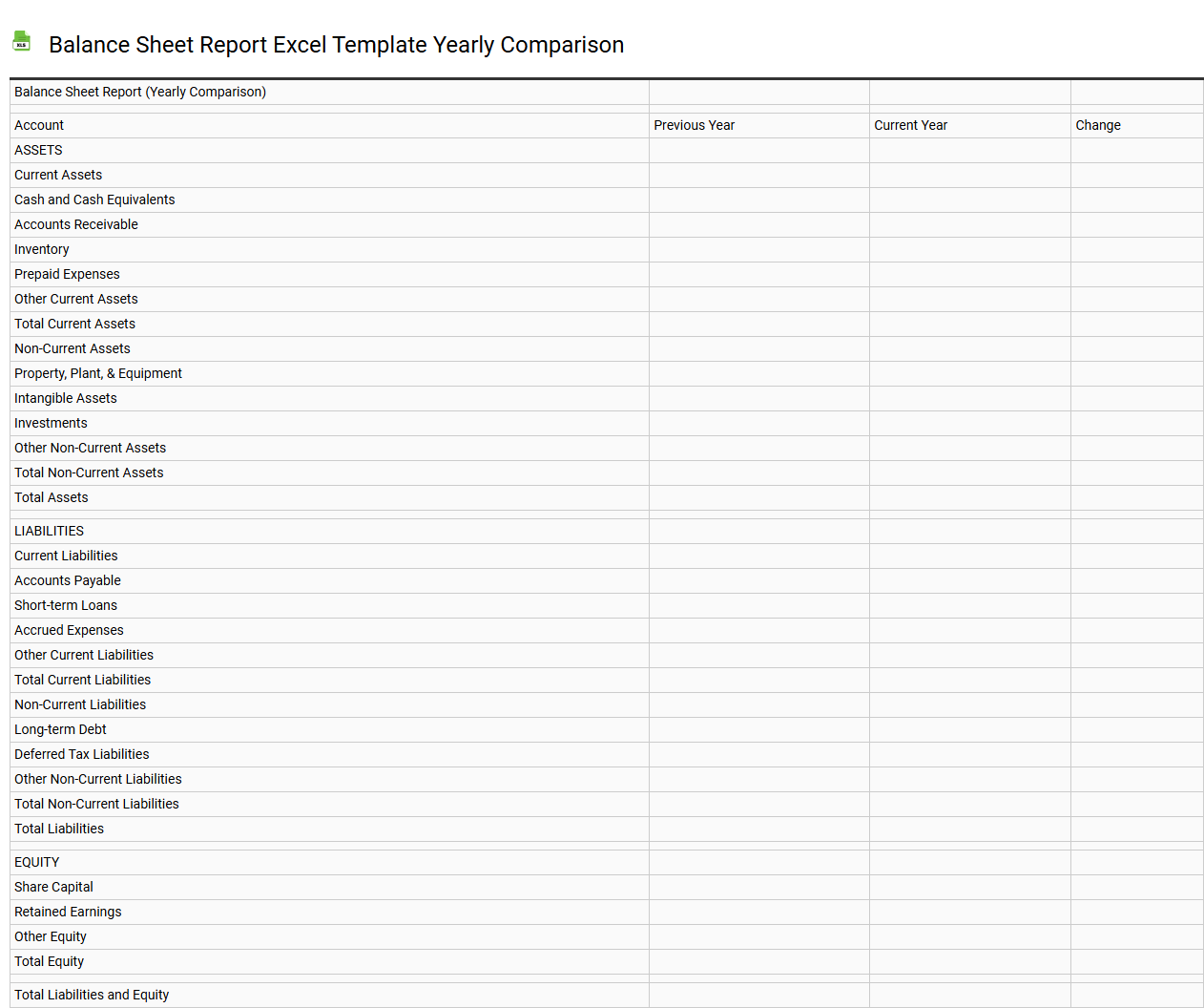 Balance sheet report Excel template yearly comparison