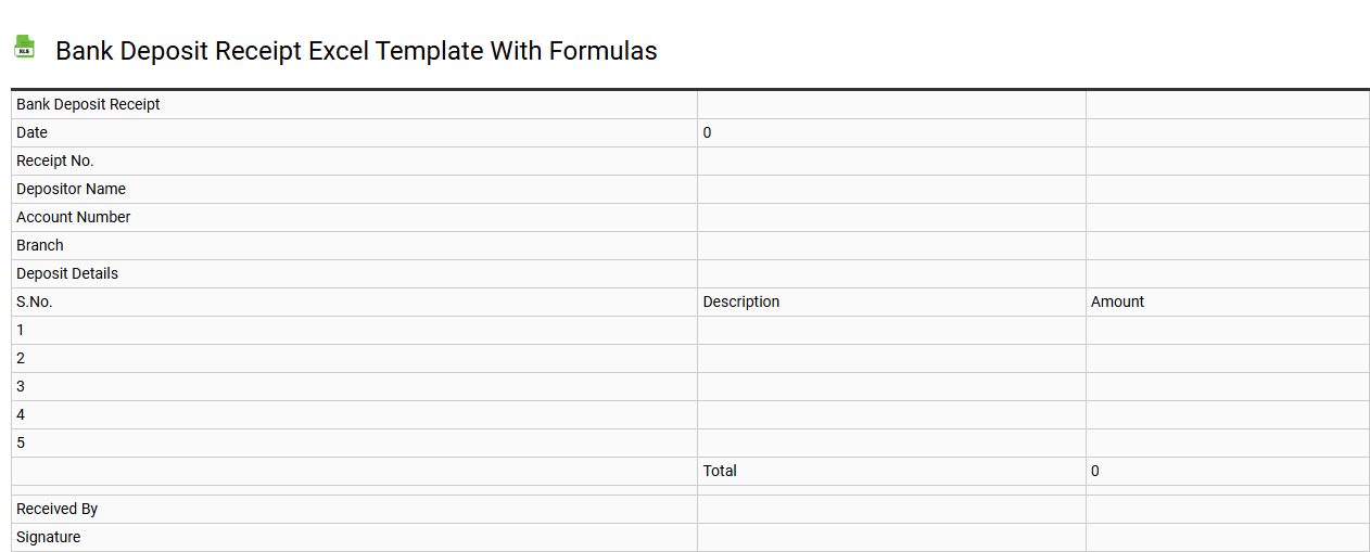 Bank deposit receipt Excel template with formulas