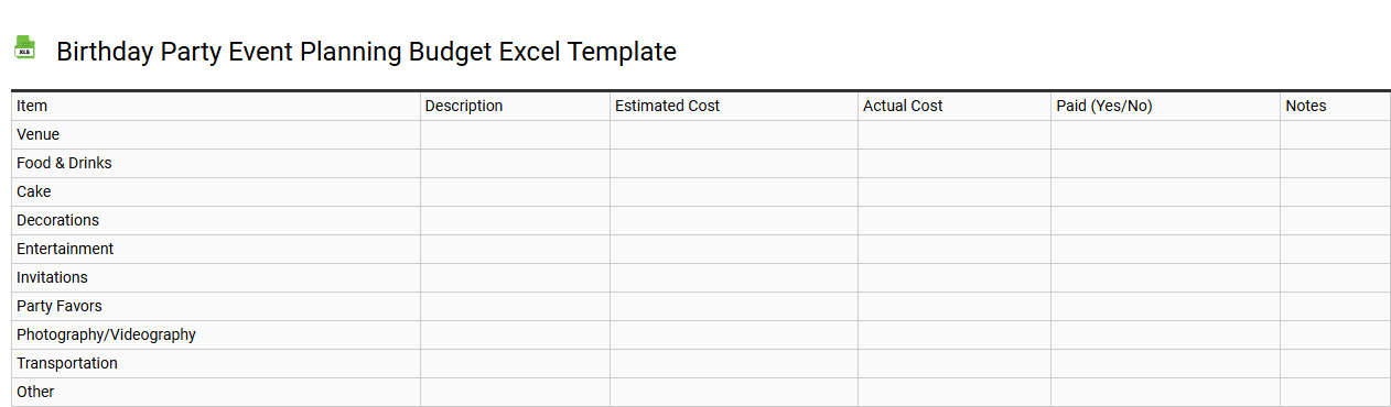 Birthday party event planning budget Excel template