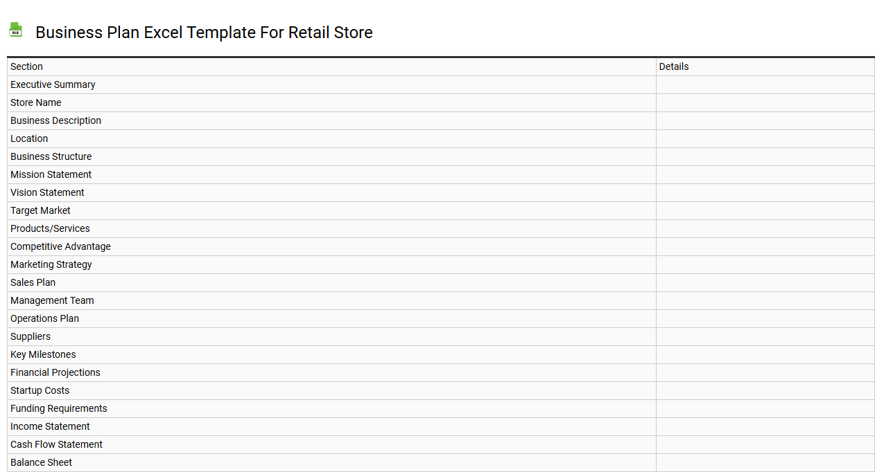 Business plan Excel template for retail store