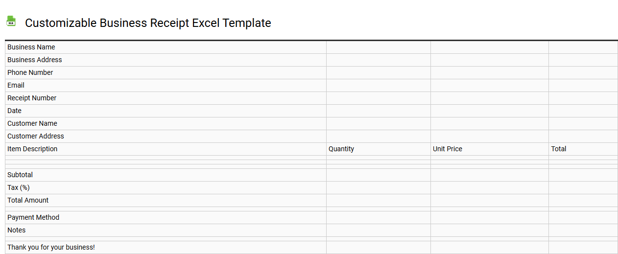 Customizable business receipt Excel template