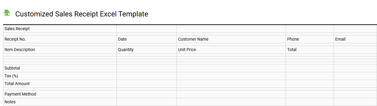 Customized sales receipt Excel template