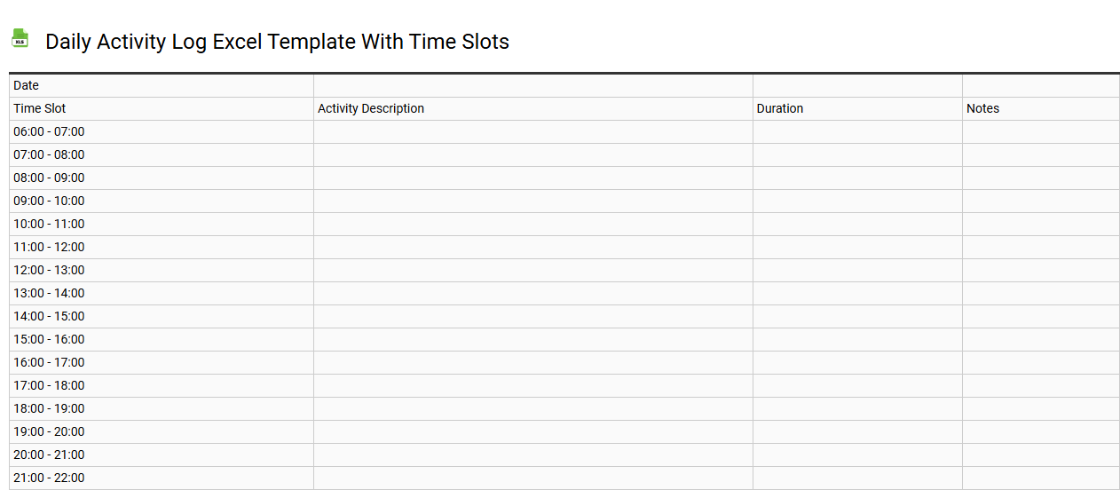 Daily activity log Excel template with time slots