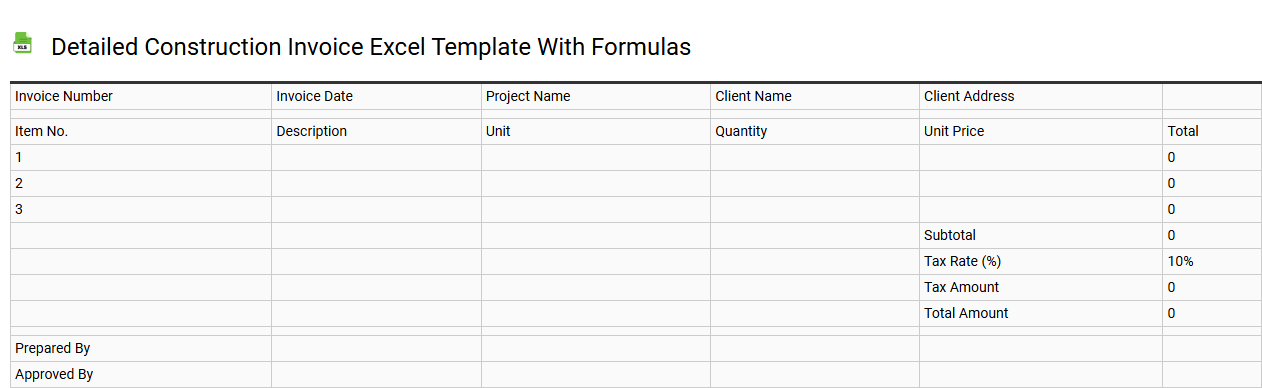 Detailed construction invoice Excel template with formulas