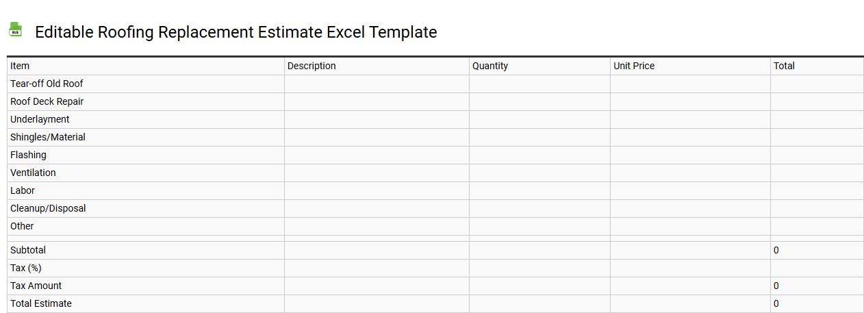 Editable roofing replacement estimate Excel template