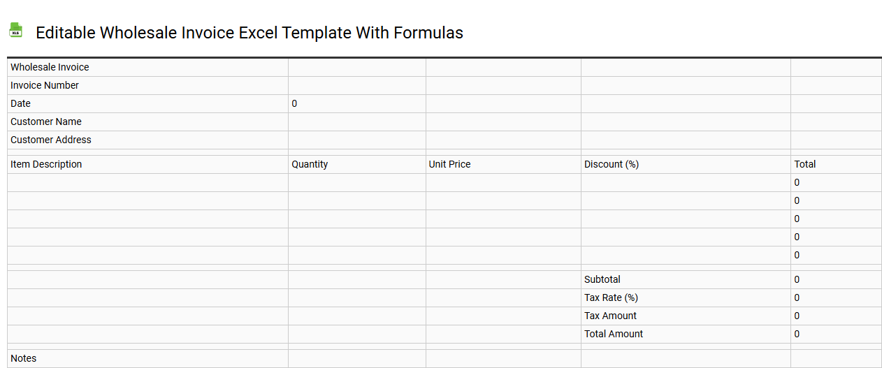 Editable wholesale invoice Excel template with formulas