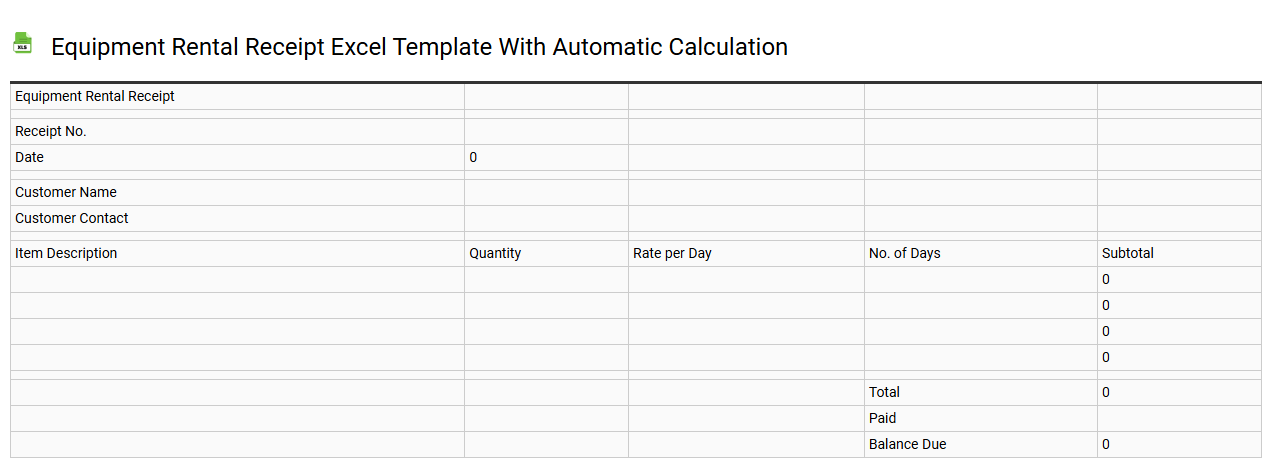 Equipment rental receipt Excel template with automatic calculation
