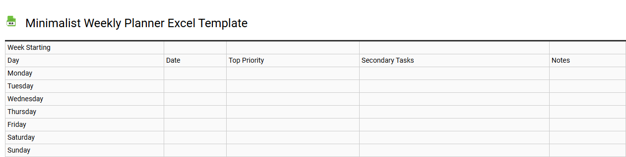 Minimalist weekly planner Excel template