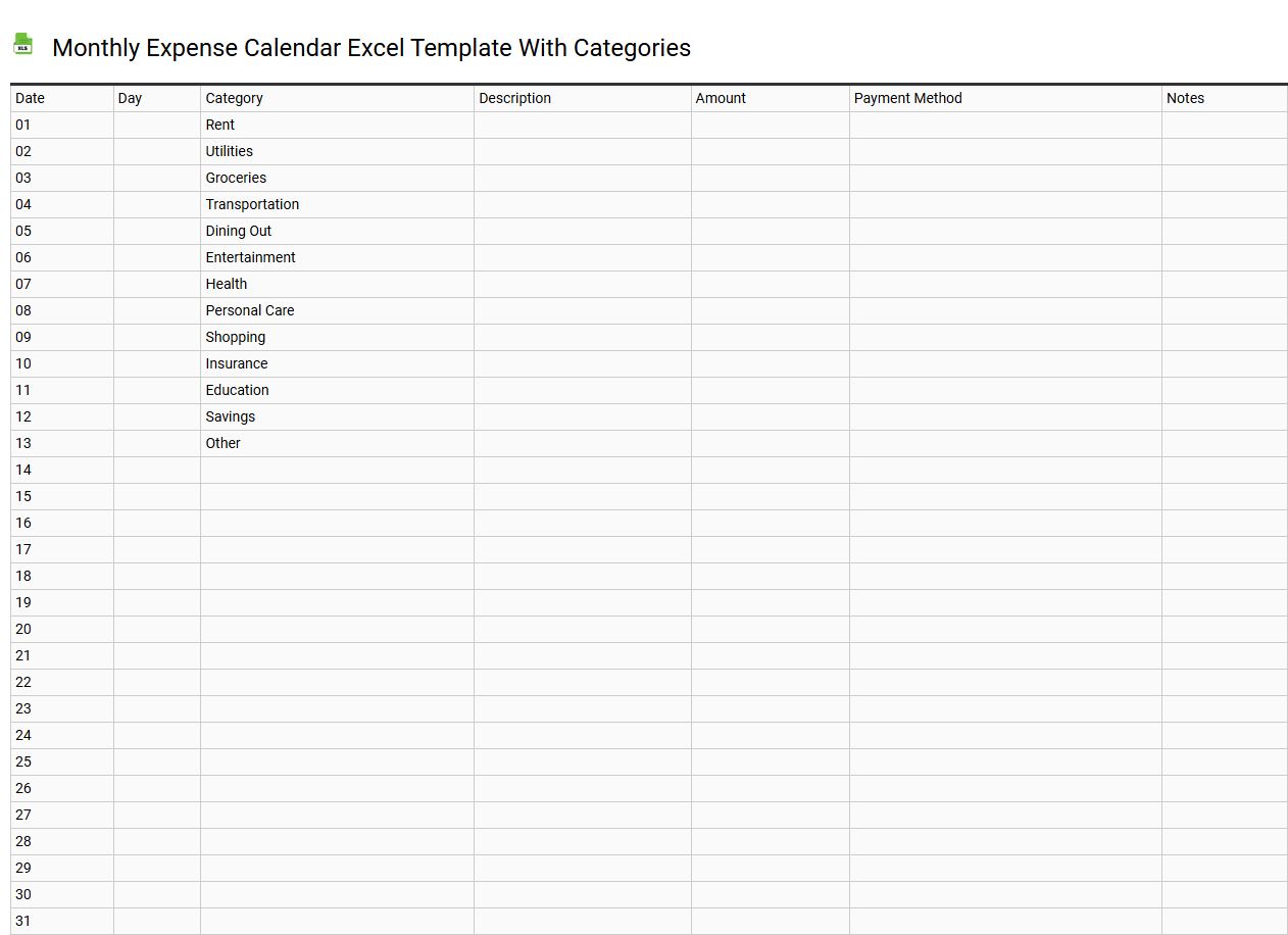 Monthly expense calendar Excel template with categories