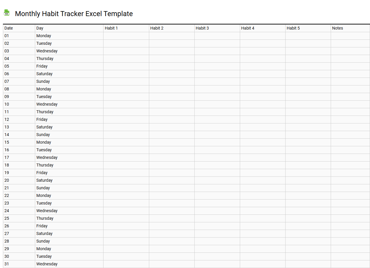 Monthly habit tracker Excel template