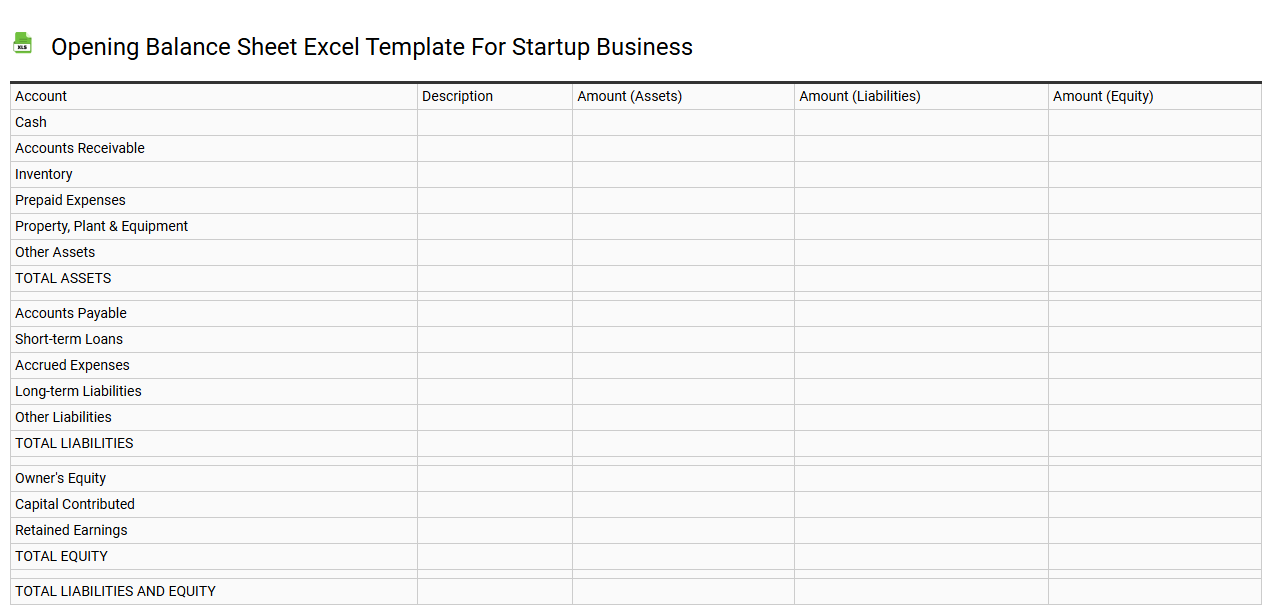 Opening balance sheet Excel template for startup business
