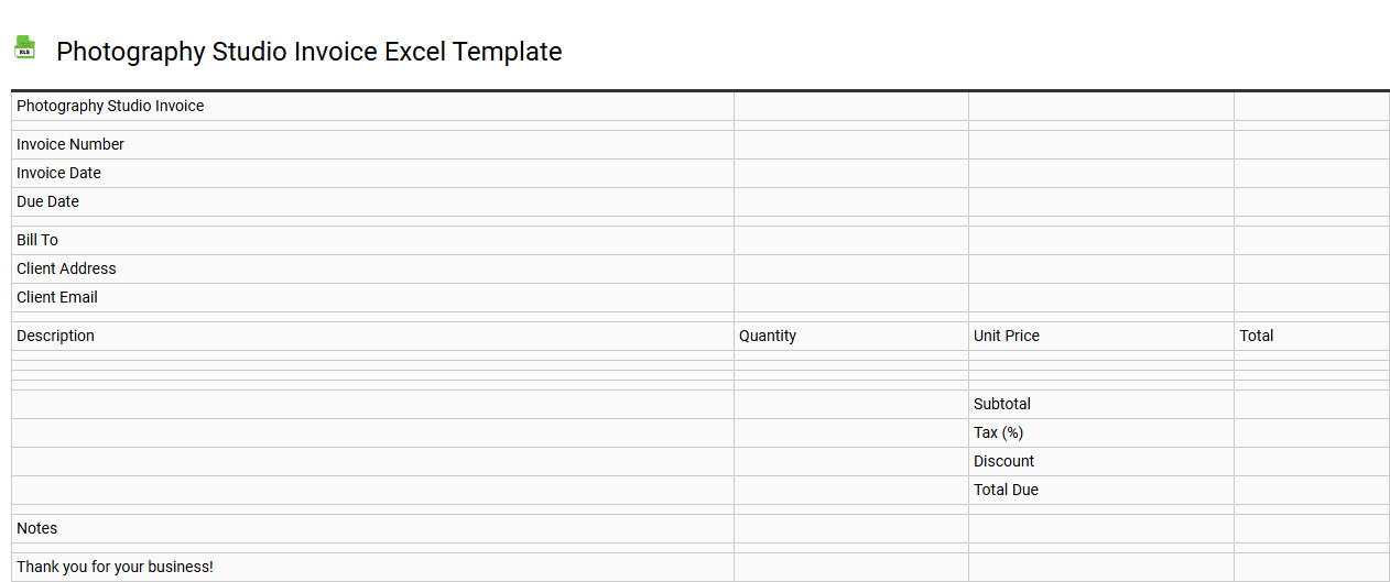 Photography studio invoice Excel template