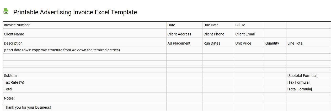 Printable advertising invoice Excel template
