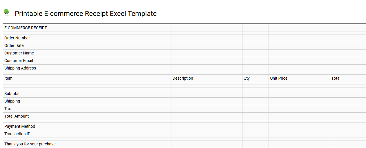 Printable E-commerce receipt Excel template
