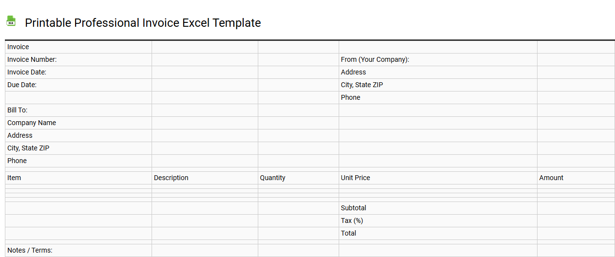 Printable professional invoice Excel template