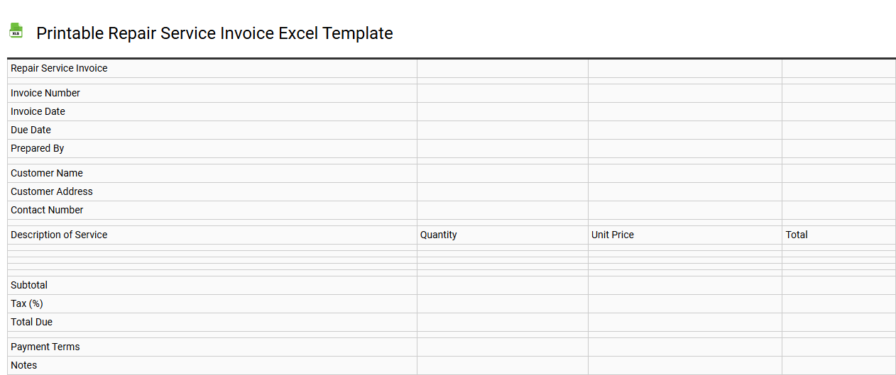 Printable repair service invoice Excel template