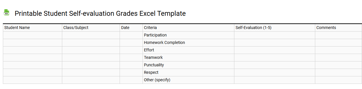 Printable student self-evaluation grades Excel template